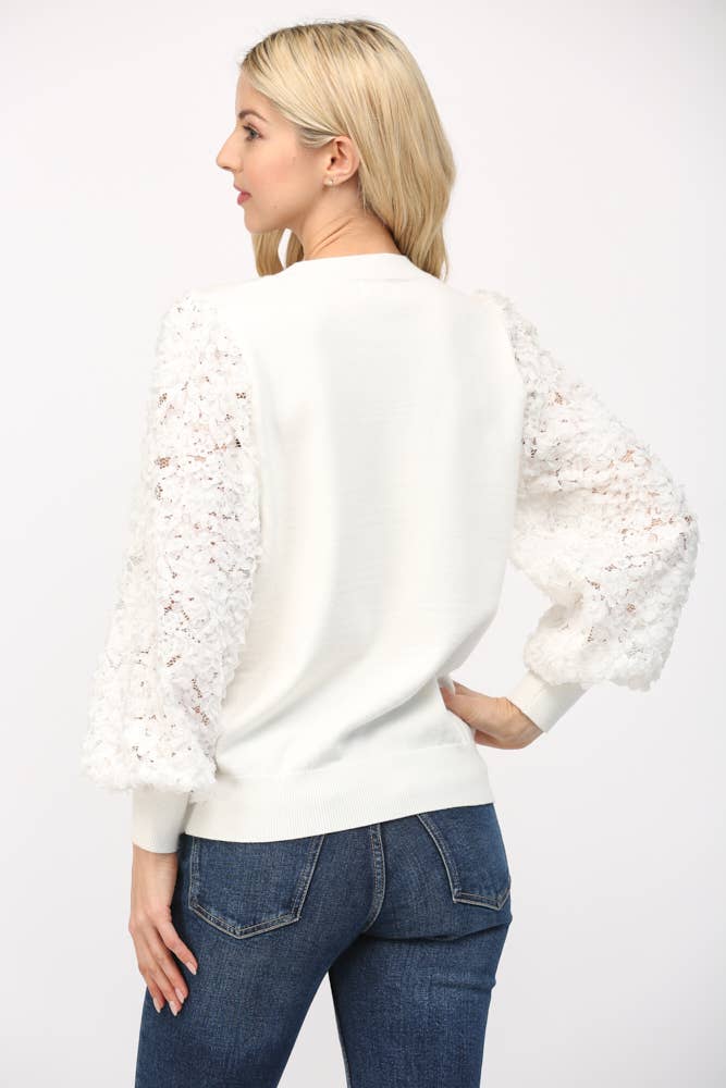 Cream Floral Lace Sleeve Crew Neck Sweater