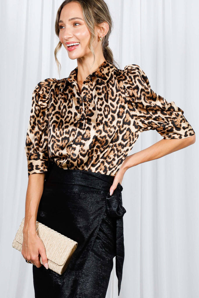 Leopard Print Collared Puff Sleeve Satin Blouse