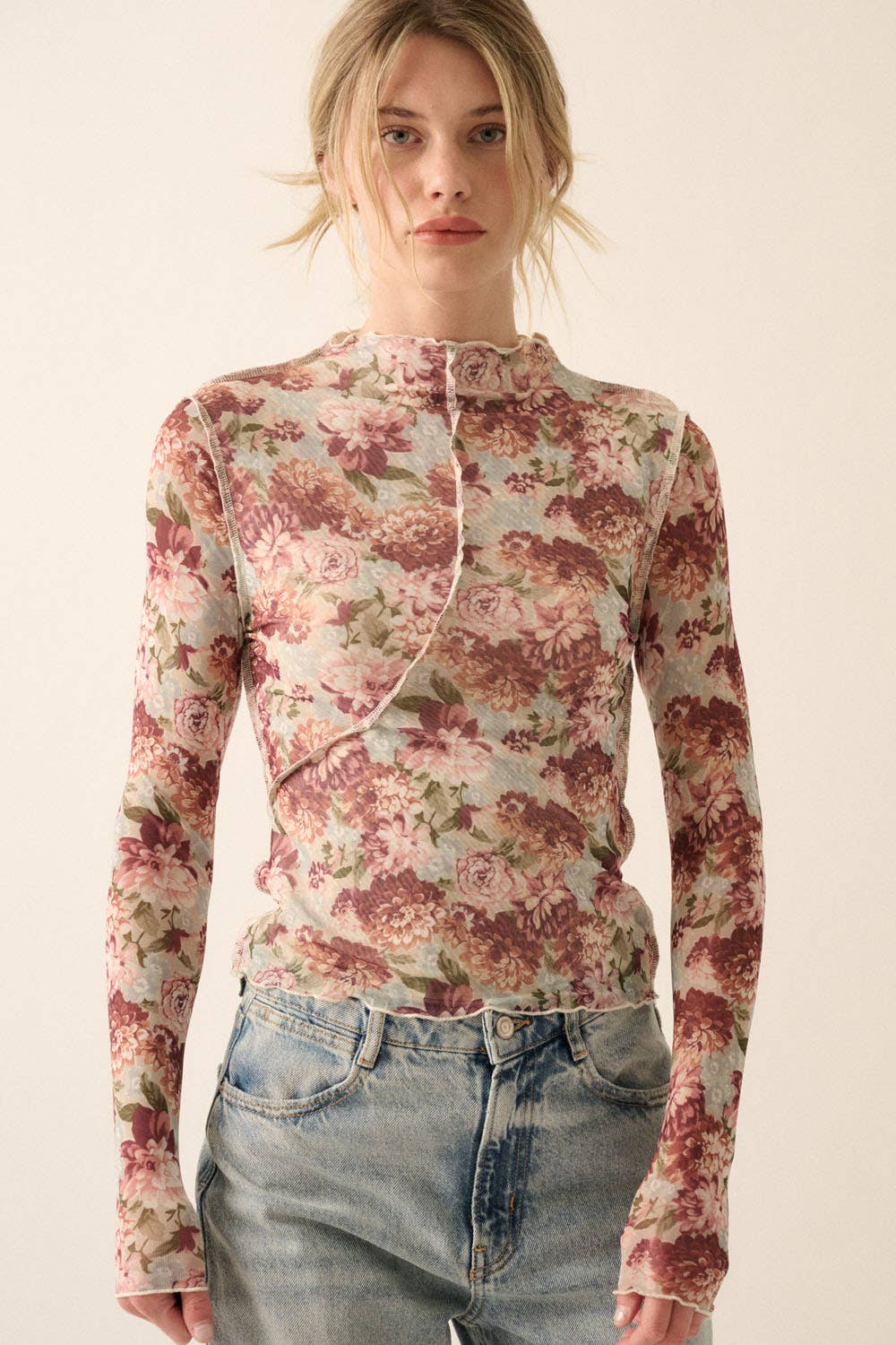 Floral Mesh Exposed-Seam Knit Top