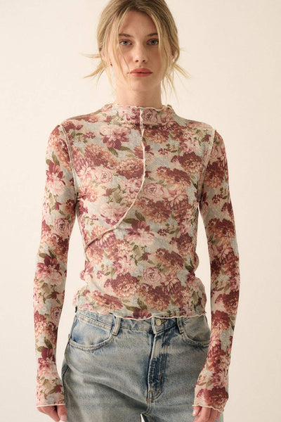 Floral Mesh Exposed-Seam Knit Top