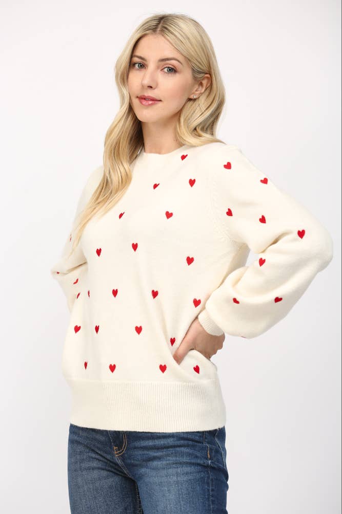 Cream Sweater with Embroidered Red Hearts