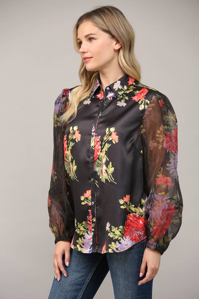 Black Floral Satin Organza Sleeve Blouse