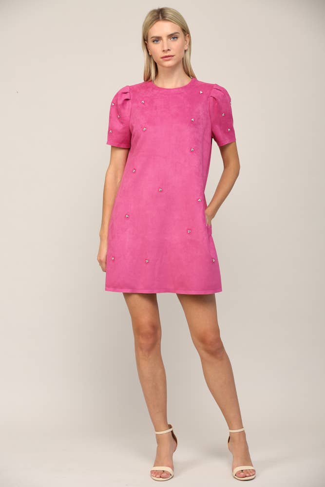 Bubblegum Pink Jewel Embellished Puff Sleeve Shift Dress