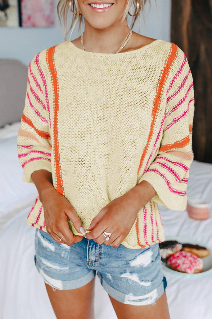 Ivory Striped Wide Sleeve Lightweight Knitted Sweater