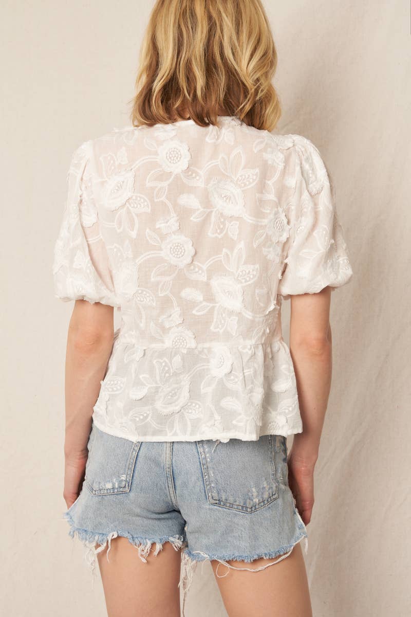 White Puff Sleeve Flower Ribbon Top