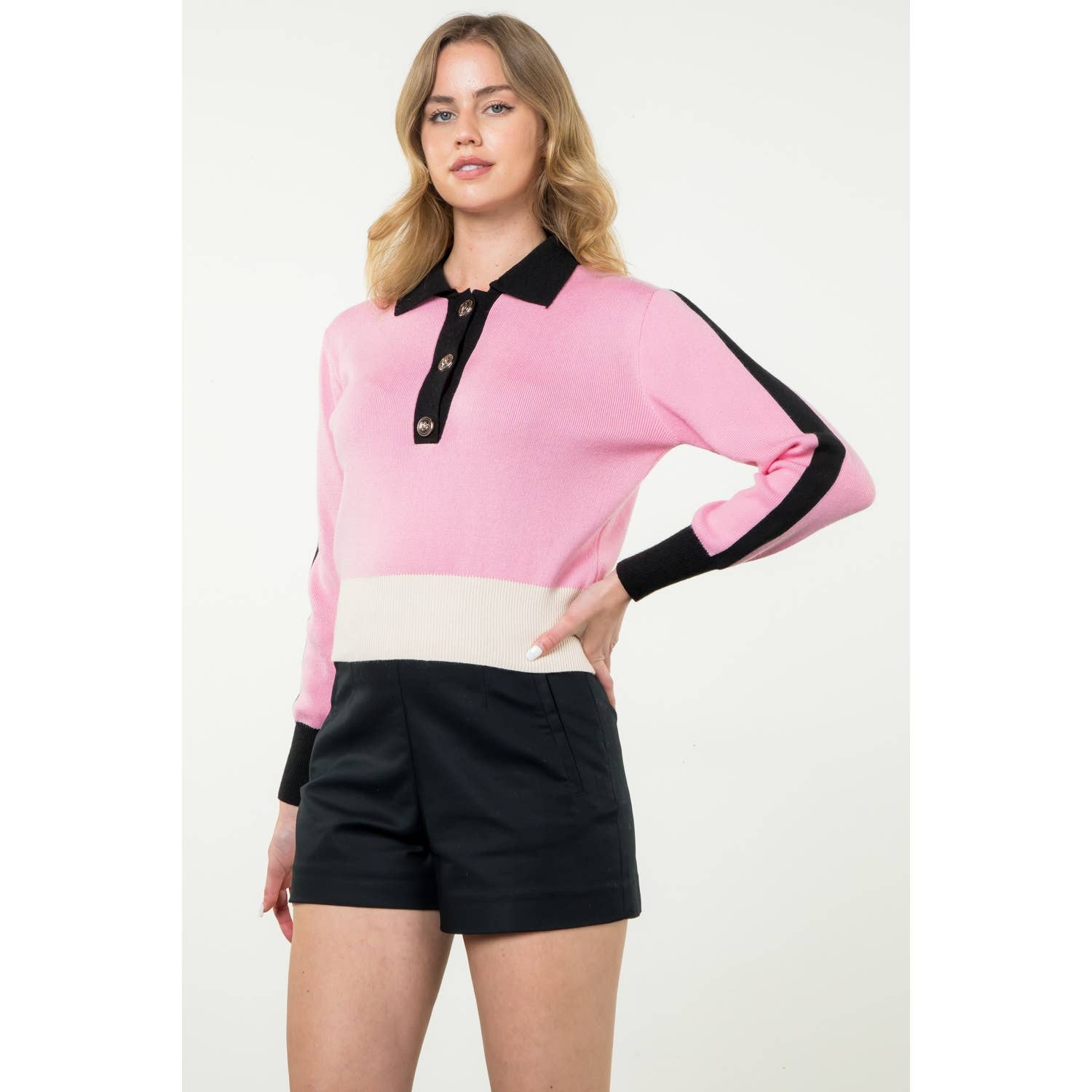 Black/Pink Collared Colorblock Sweater