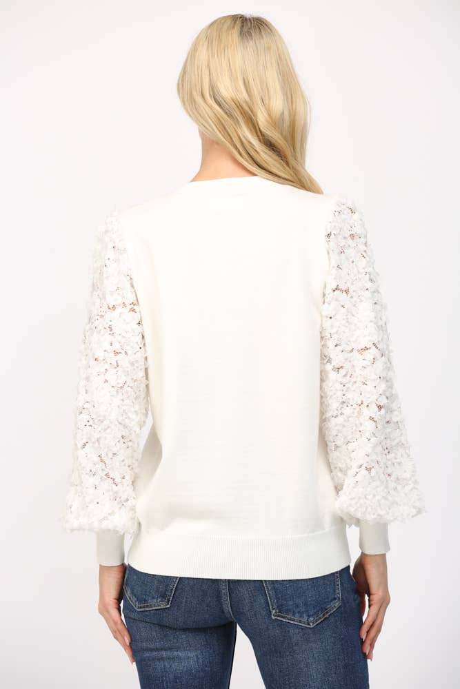 Cream Floral Lace Sleeve Crew Neck Sweater