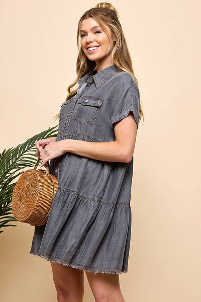 Chambray Tiered Button Down Mini Dress