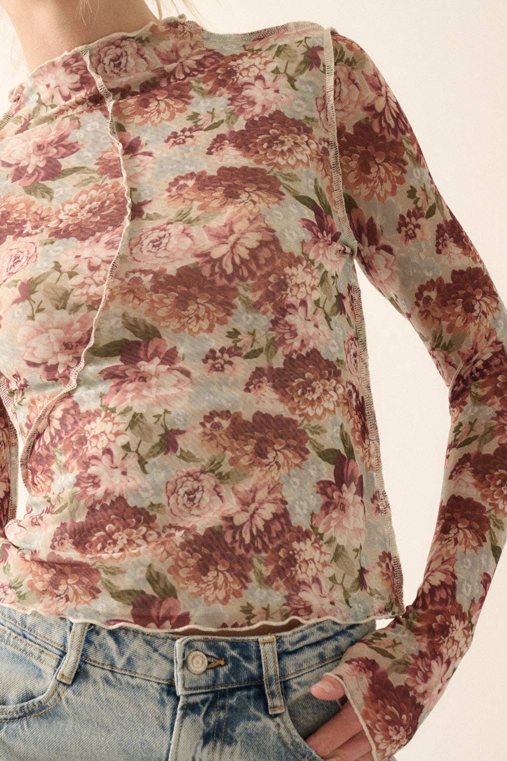 Floral Mesh Exposed-Seam Knit Top