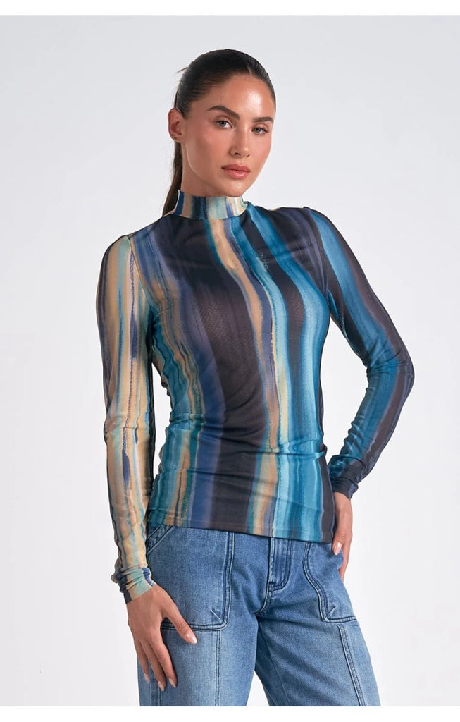 Blue Oslo Print Sheer Mesh Top