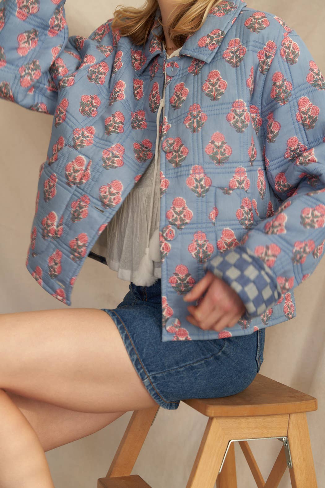 Blue Floral/Checkered Reversible Quilted Jacket