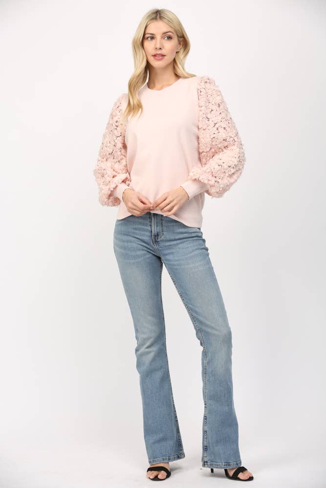 Cream Floral Lace Sleeve Crew Neck Sweater