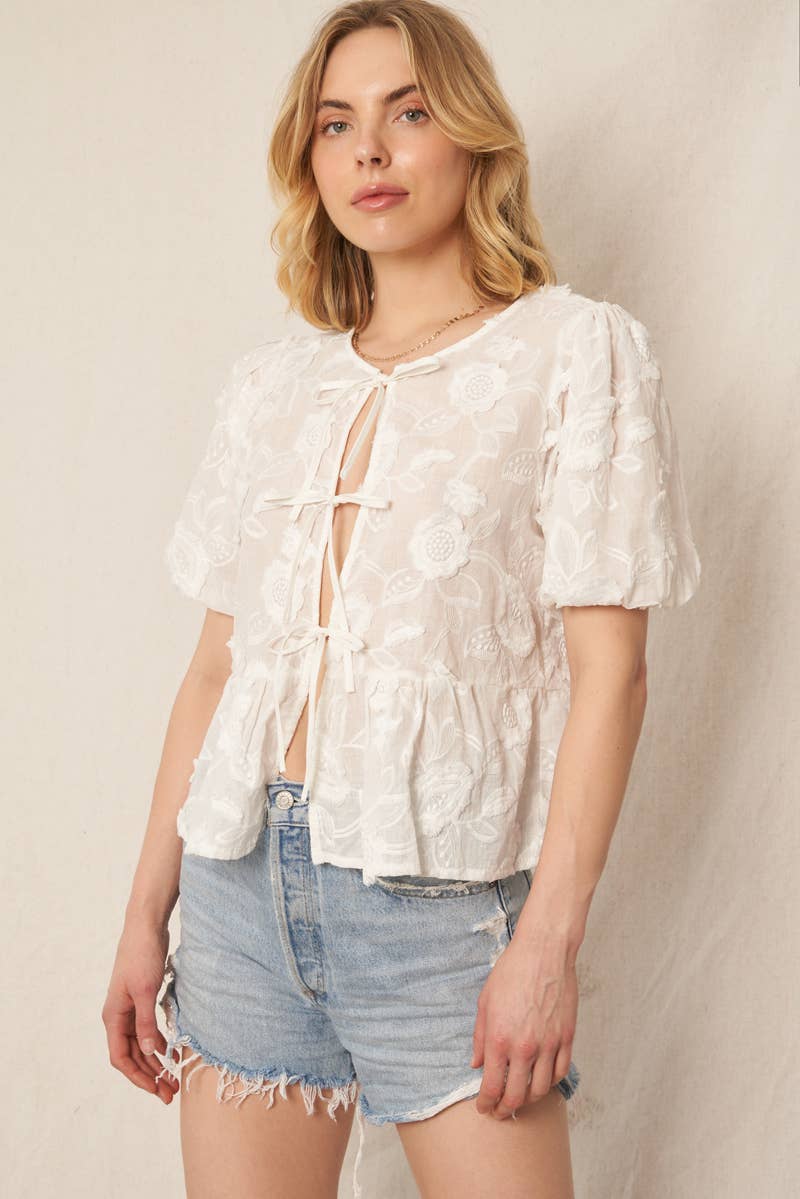 White Puff Sleeve Flower Ribbon Top