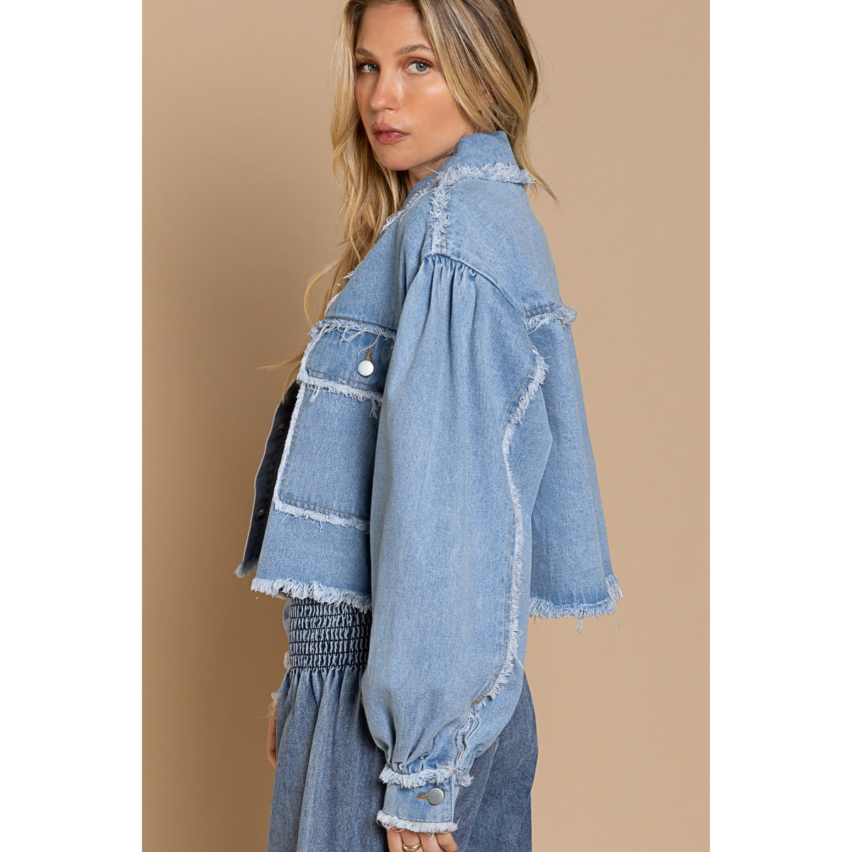 POL Cropped Frayed Edge Light Denim Jacket