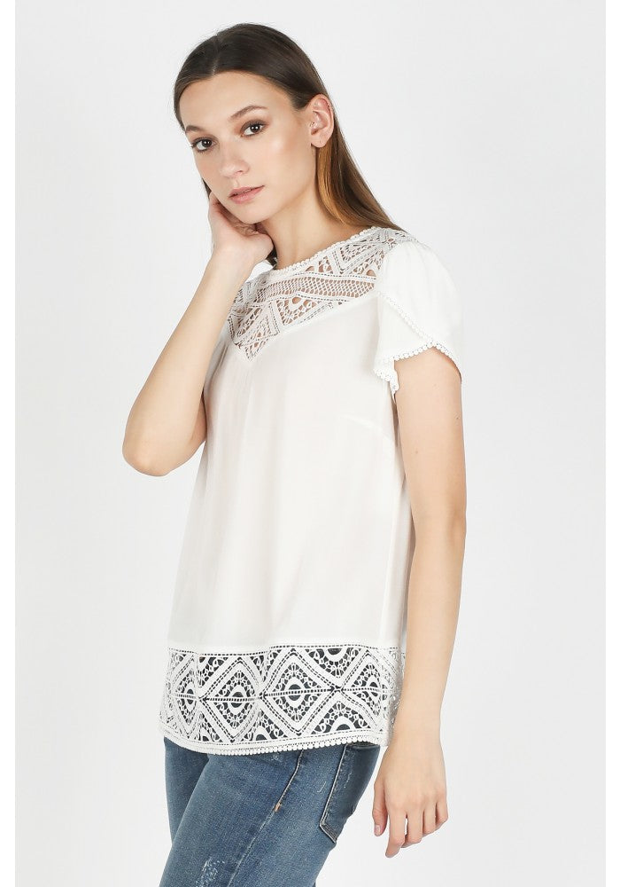 Tulip Sleeve Mixed Lace Top