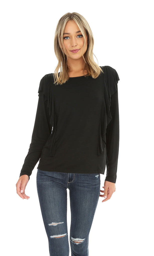 Black Long Sleeve Side Ruffle Top