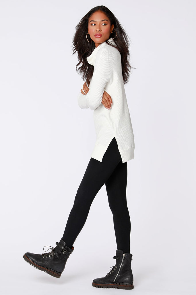 White Waffle Knit Cowl Neck Tunic Top