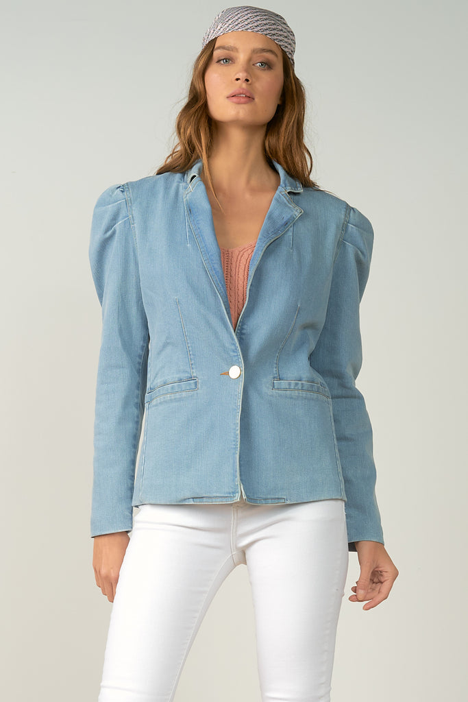 Elan Puff Sleeve Light Denim Blazer