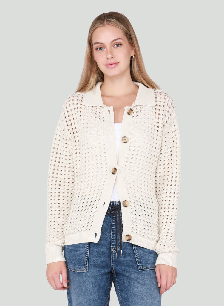 DEX Off White Open Stitch Button Front Cardigan